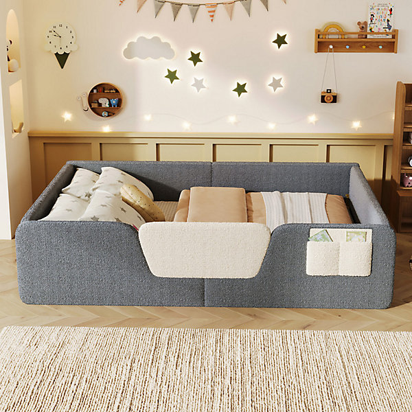 Lit enfant capitonné 140x190 cm - avec barrières de sécurité amovibles - avec sac de rangement - gris (matelas non inclus)