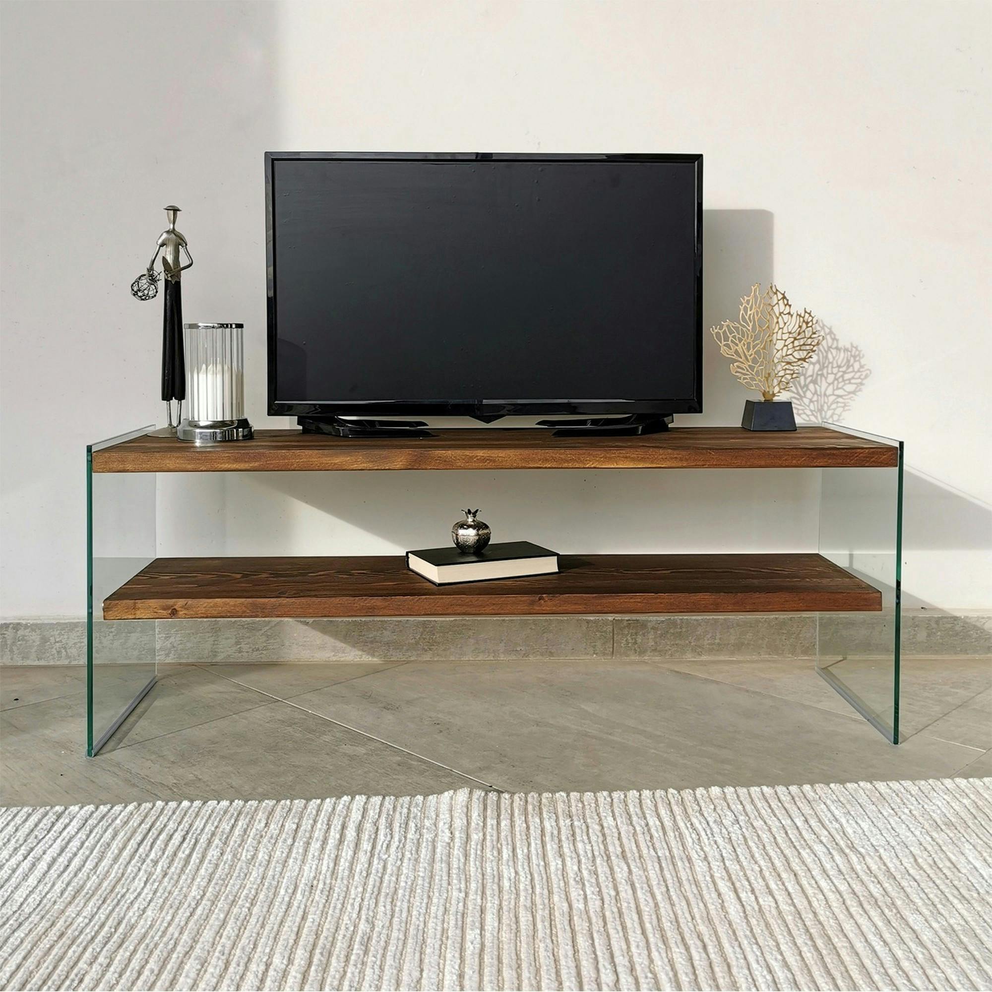 Meuble TV en bois marron et verre - 2 niveaux LHASA