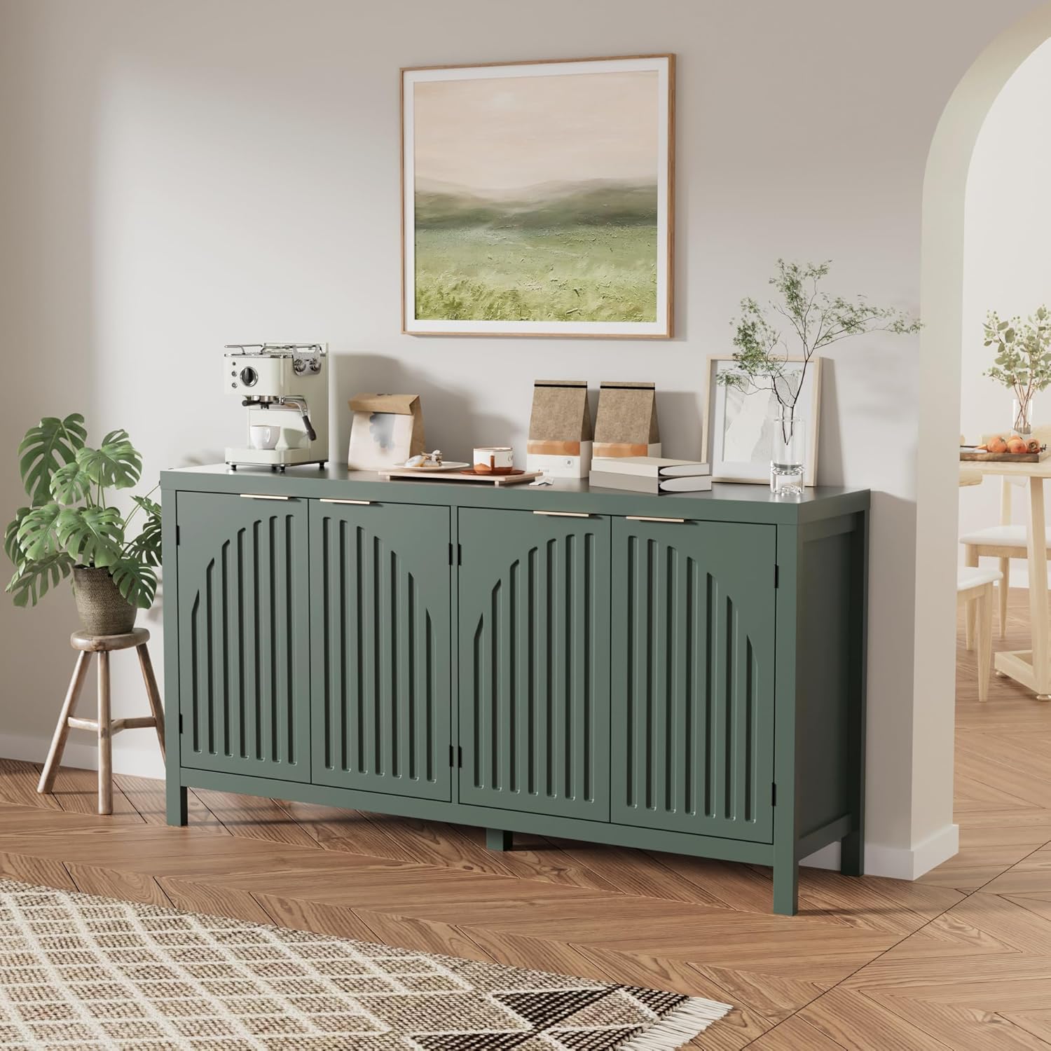 Fluted Sideboard Buffet Cabinet with Storage, 58 Mid Century Modern Accent Cabinet with Arch Doors, Large Wood Media TV Console Table Credenza for Dining Room, Kitchen, Living Room Entryway, Green