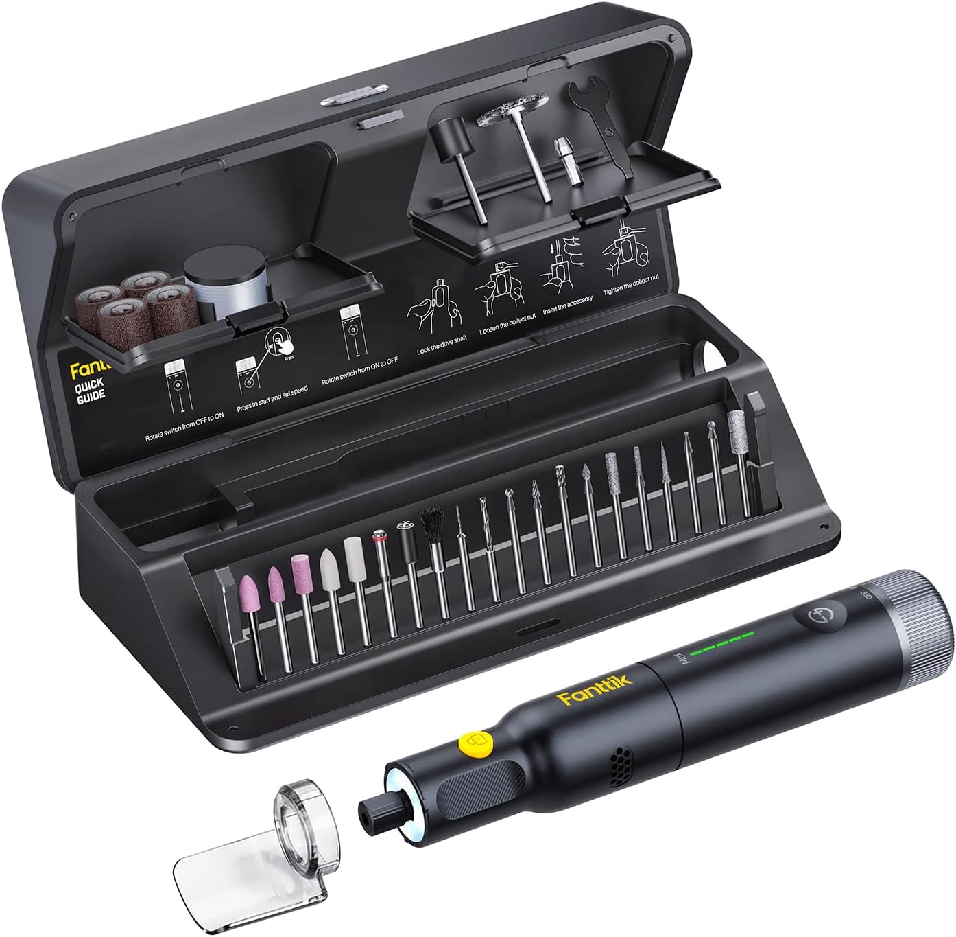 Fanttik F2 Pro Kit Cordless Rotary Tool Kit, Strong Motor, 5 Variable Speed, 25000 RPM, 44 Accessories, for 3D Printed Sanding, Polishing, Drilling, Carving, Cutting DIY Crafts in Flip-Top Case