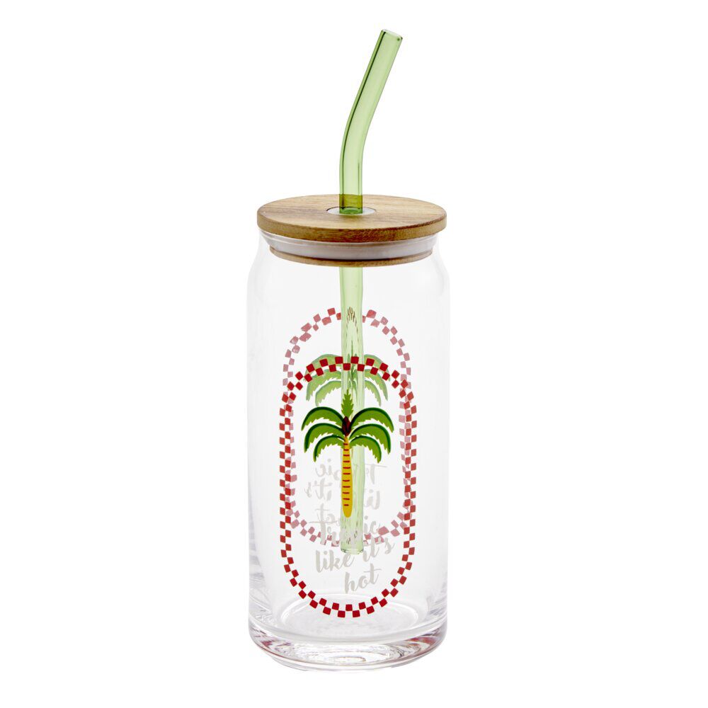Gobelet en verre motif tropical avec paille et couvercle bambou 600ml (3 modèles)