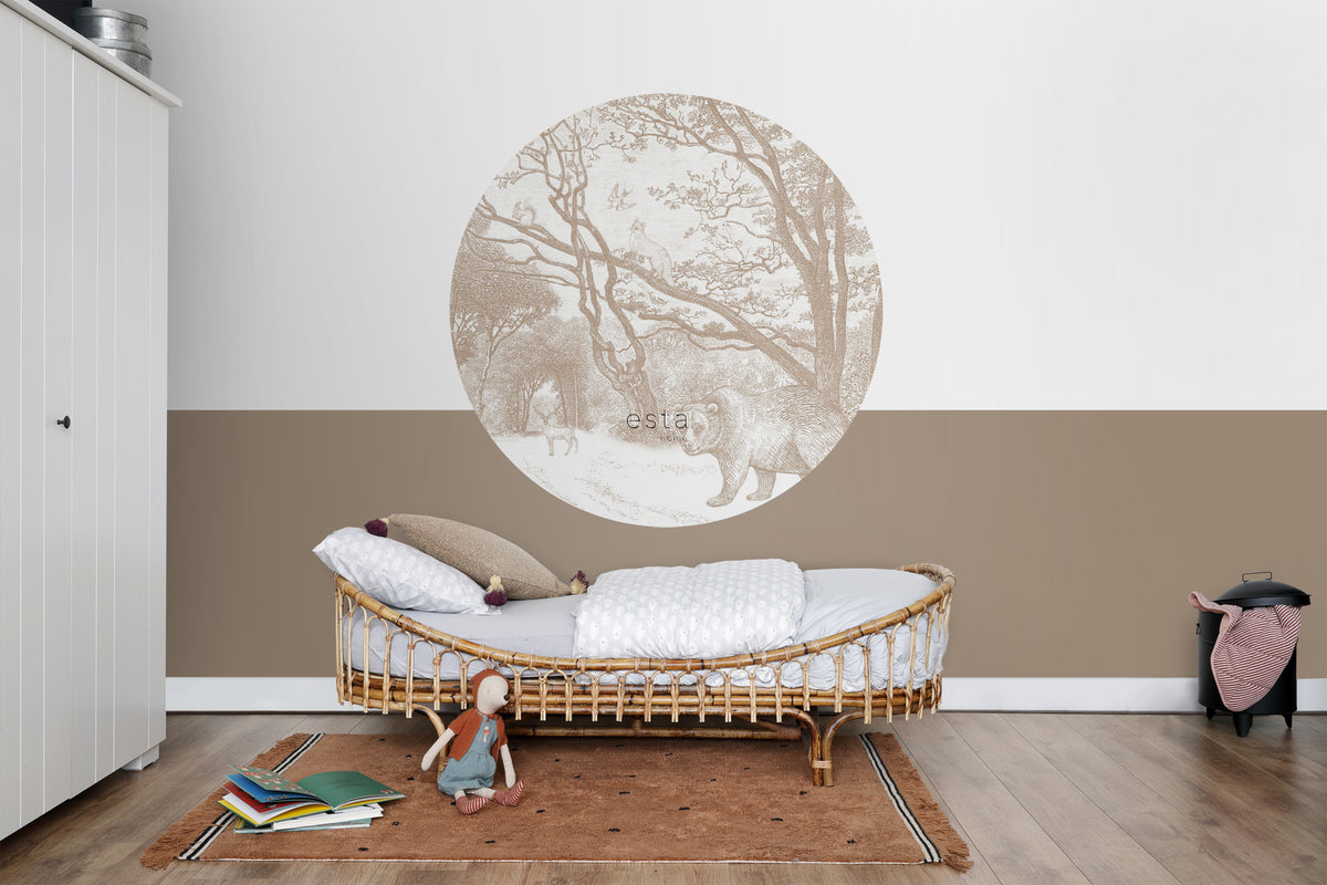 ESTAhome zelfklevende behangcirkel bos met bosdieren beige - Ø 140 cm - 159085