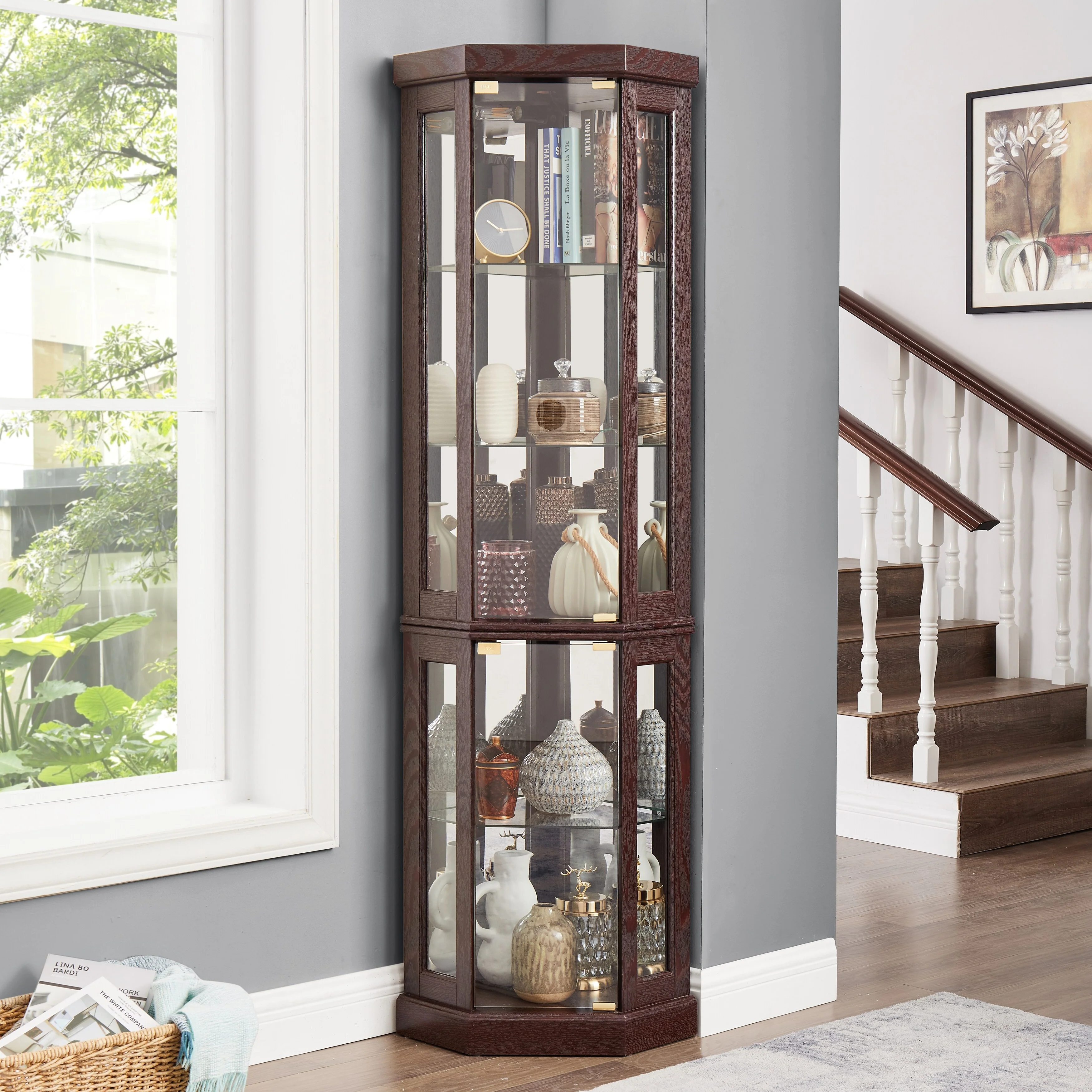 Vintage Display Case with Adjustable Glass Shelves and Lighting System for Living Room, Kitchen