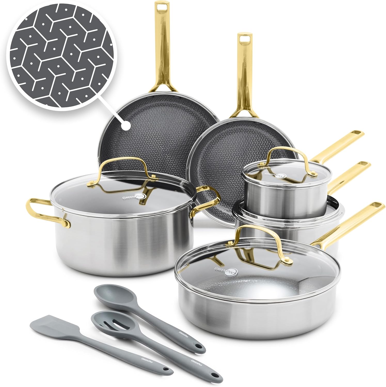 GreenPan Hybrid 13 Piece Nonstick Stainless Steel Cookware Set, APEX Tri-Ply Thermobond PFAS-Free Ceramic Pots & Pans, Induction & All Cooktop Compatible, Oven Temp to 850°F, Dishwasher Safe, Gold