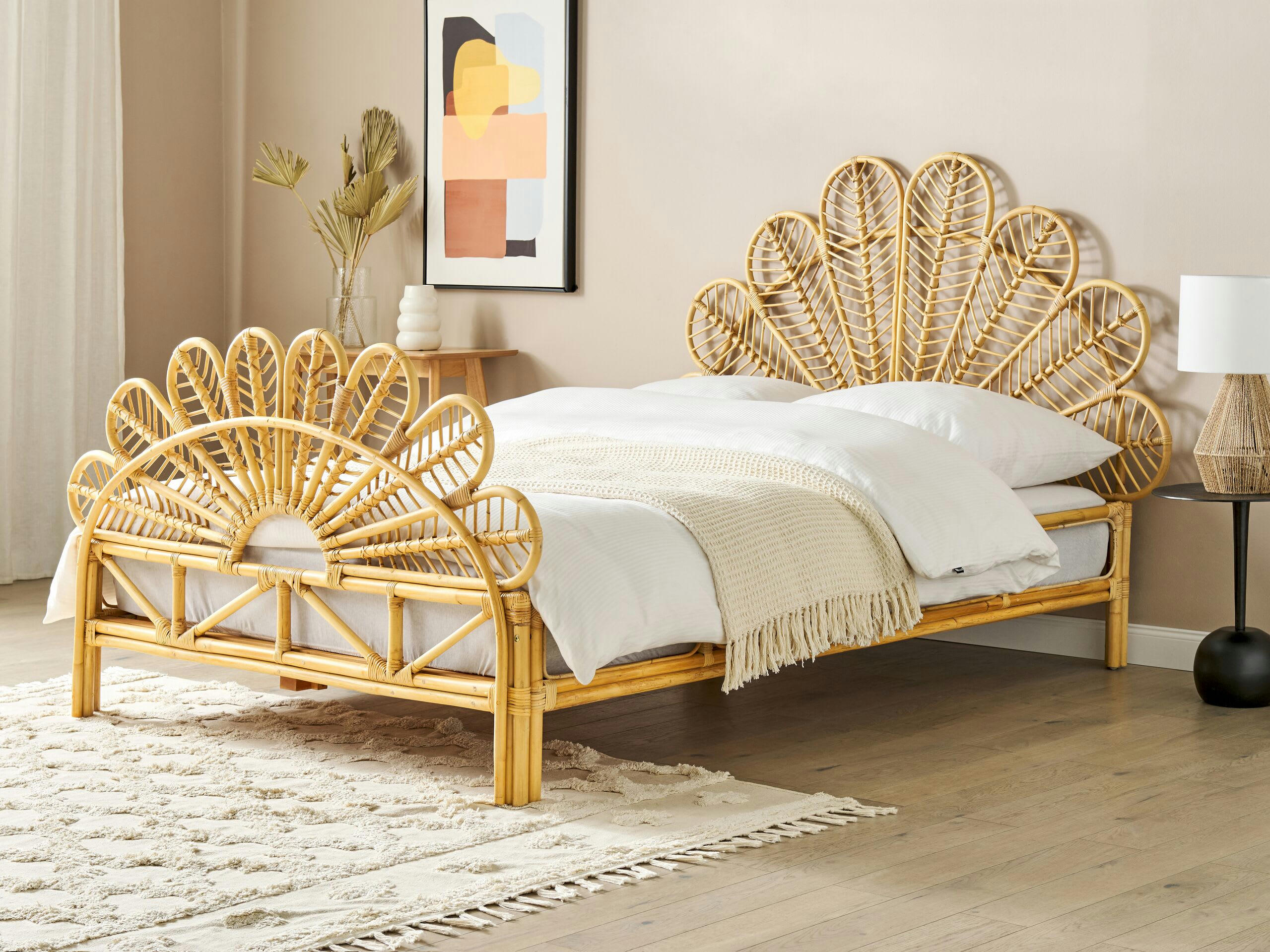 FLORENTINE - Lit double en rotin bois clair 140x200
