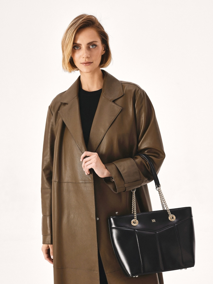 Black handbag with long shoulder handles