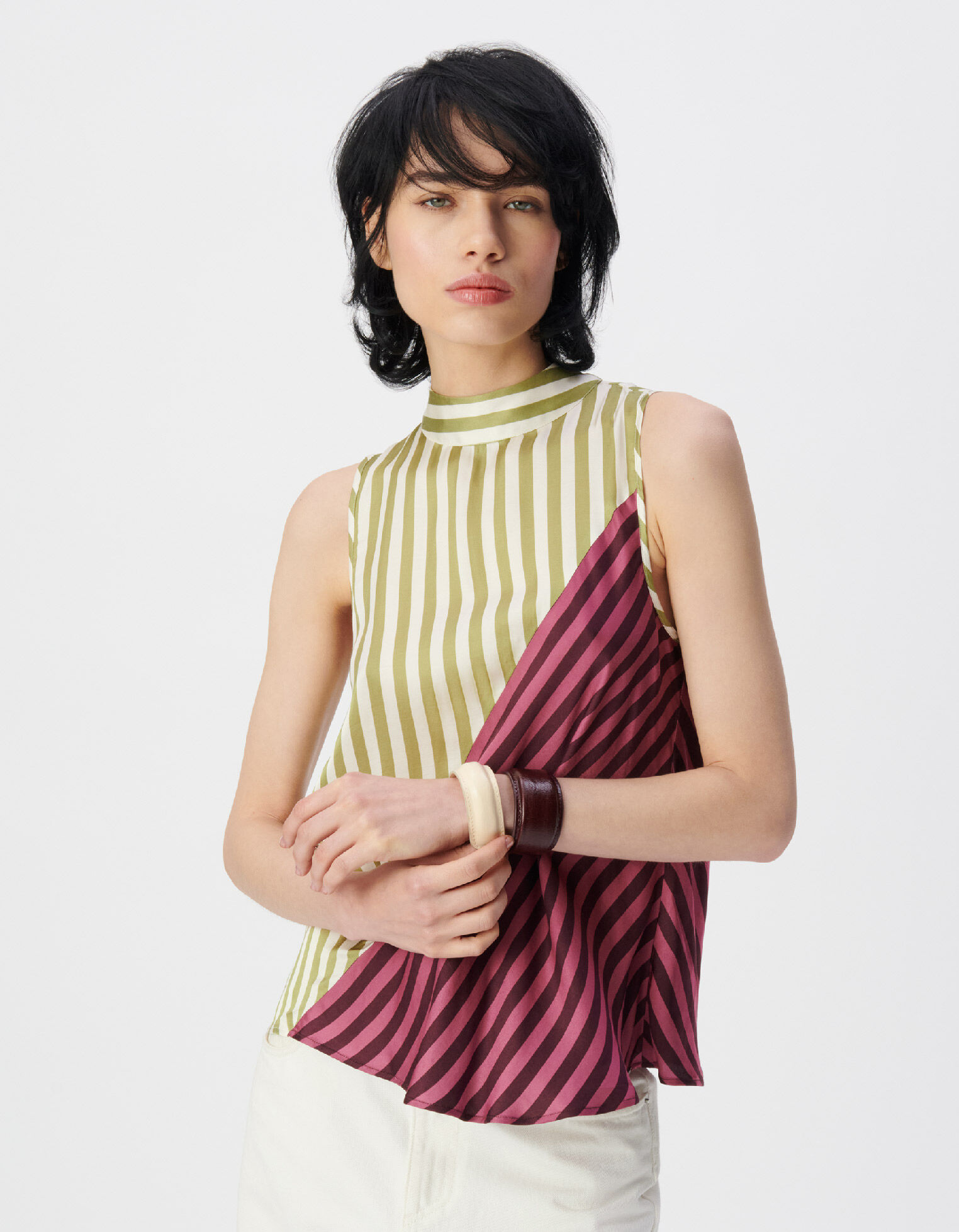 Top sans manches écru rayures couleur col lavallière Femme