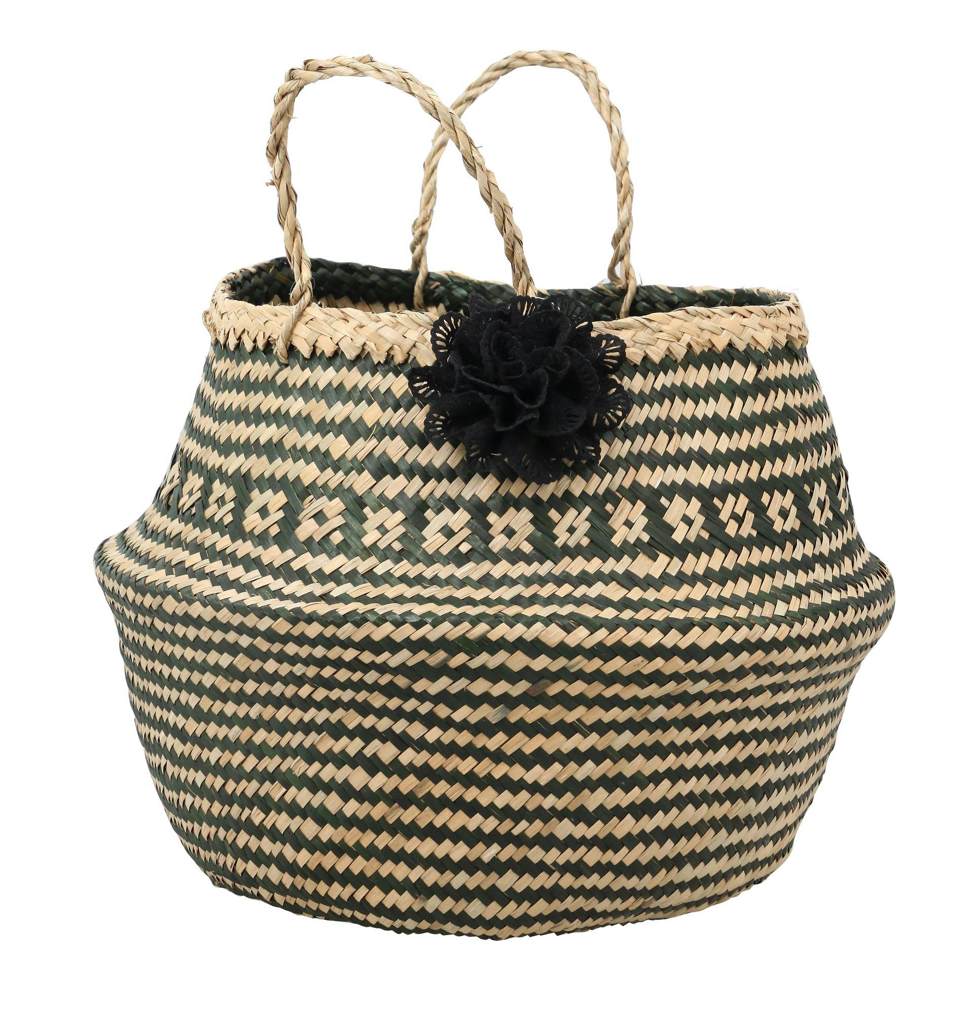 HANOI - Panier pot en jonc de mer noir et beige h45cm