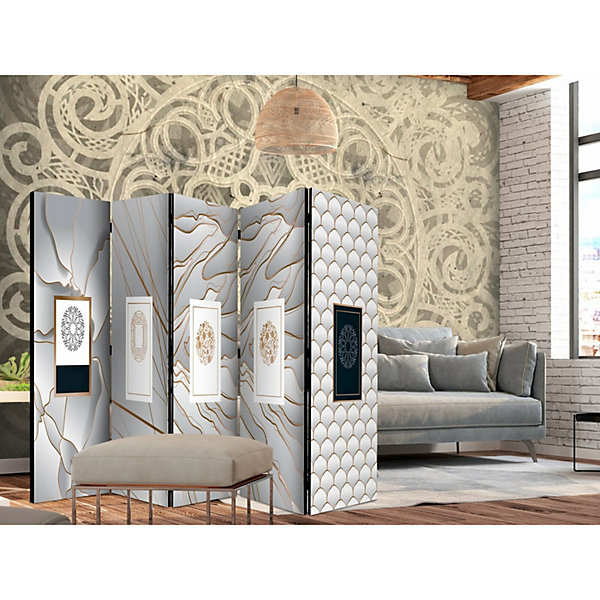 Paravent étiquettes II Design élégant 5 Volets 225 x 172 cm Gris et Or