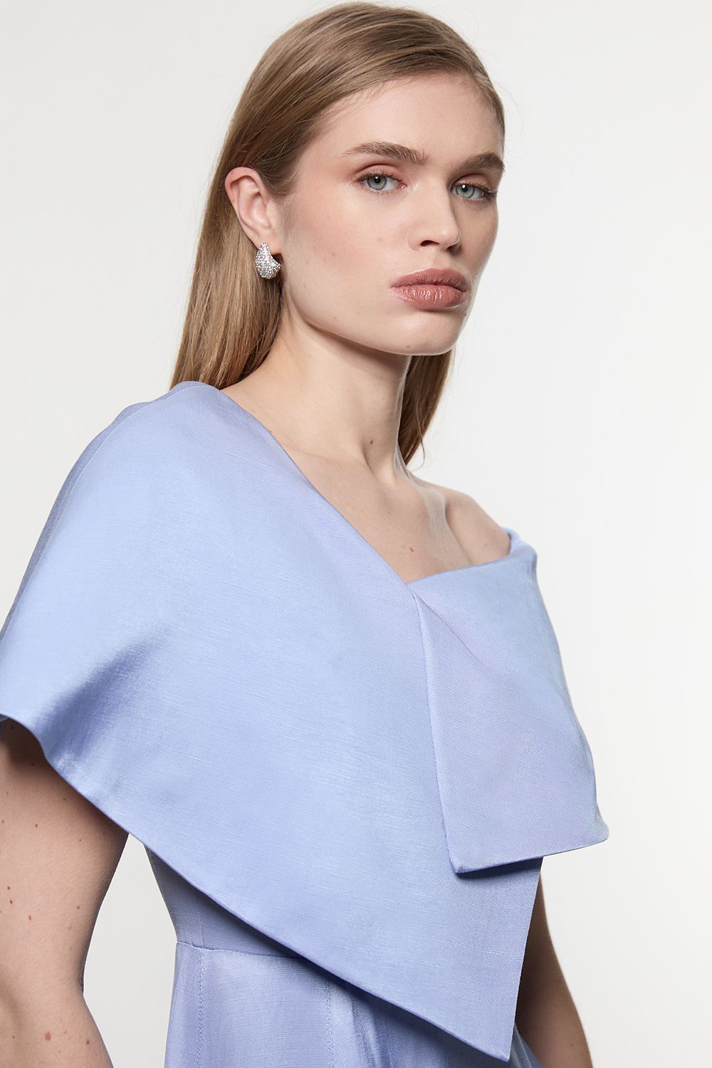 KarenMillen Premium Viscose Linen Tailored Asymmetric Shoulder Full Midi Dress
