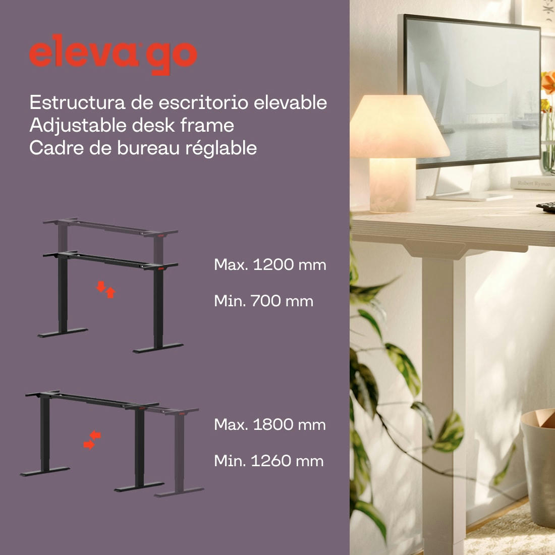 ELEVA GO - Bureau assis debout noir Cadre Bureau Réglable en Hauteur