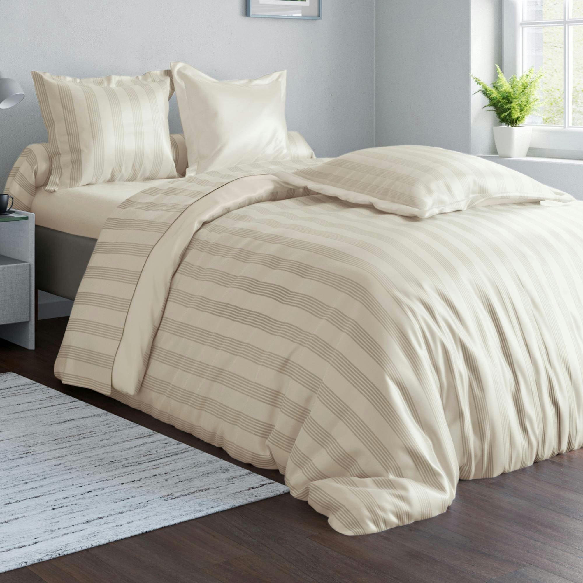 SATIN RAYE/UNI - Housse de couette 140x200 beige en coton