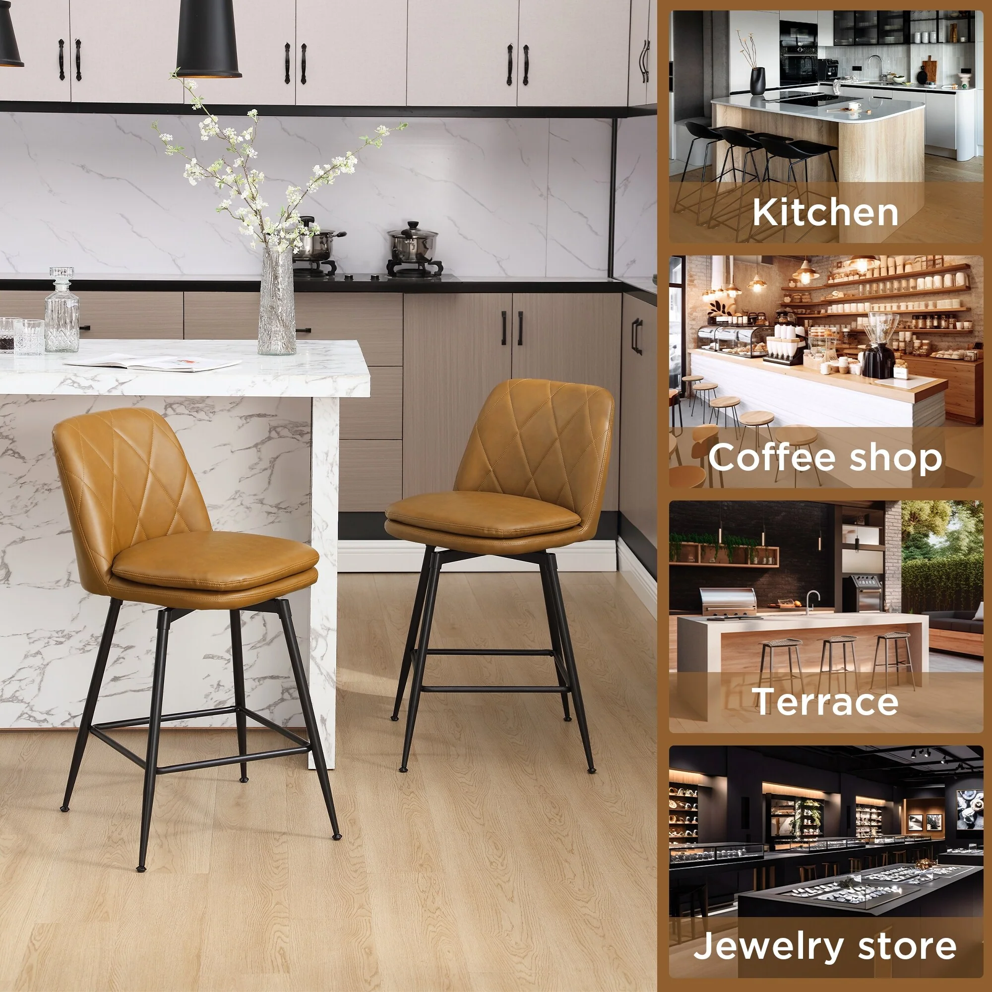 Faux Leather Upholstered Metal Frame Bar or Counter Height Swivel Bar Stools (Set of 2)