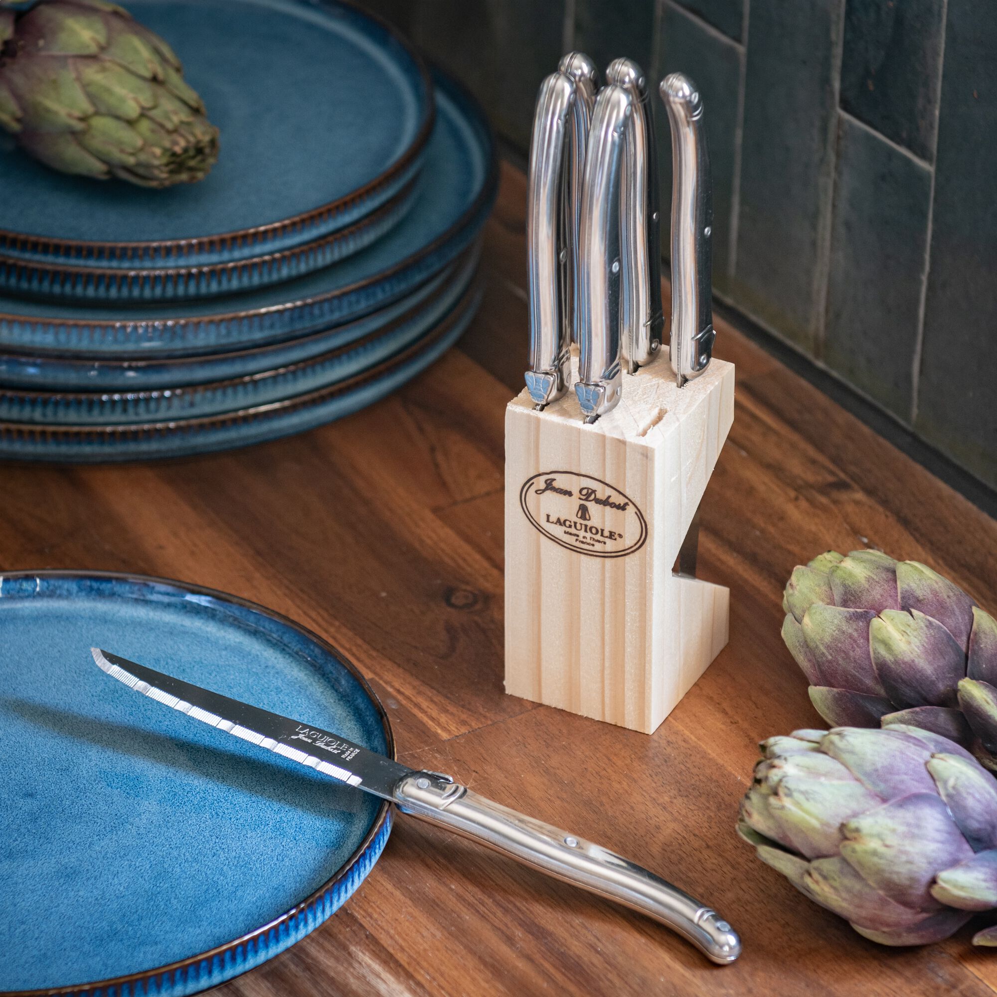 CRISTE - Bloc en bois de 6 couteaux à steak en acier - gris métallisé