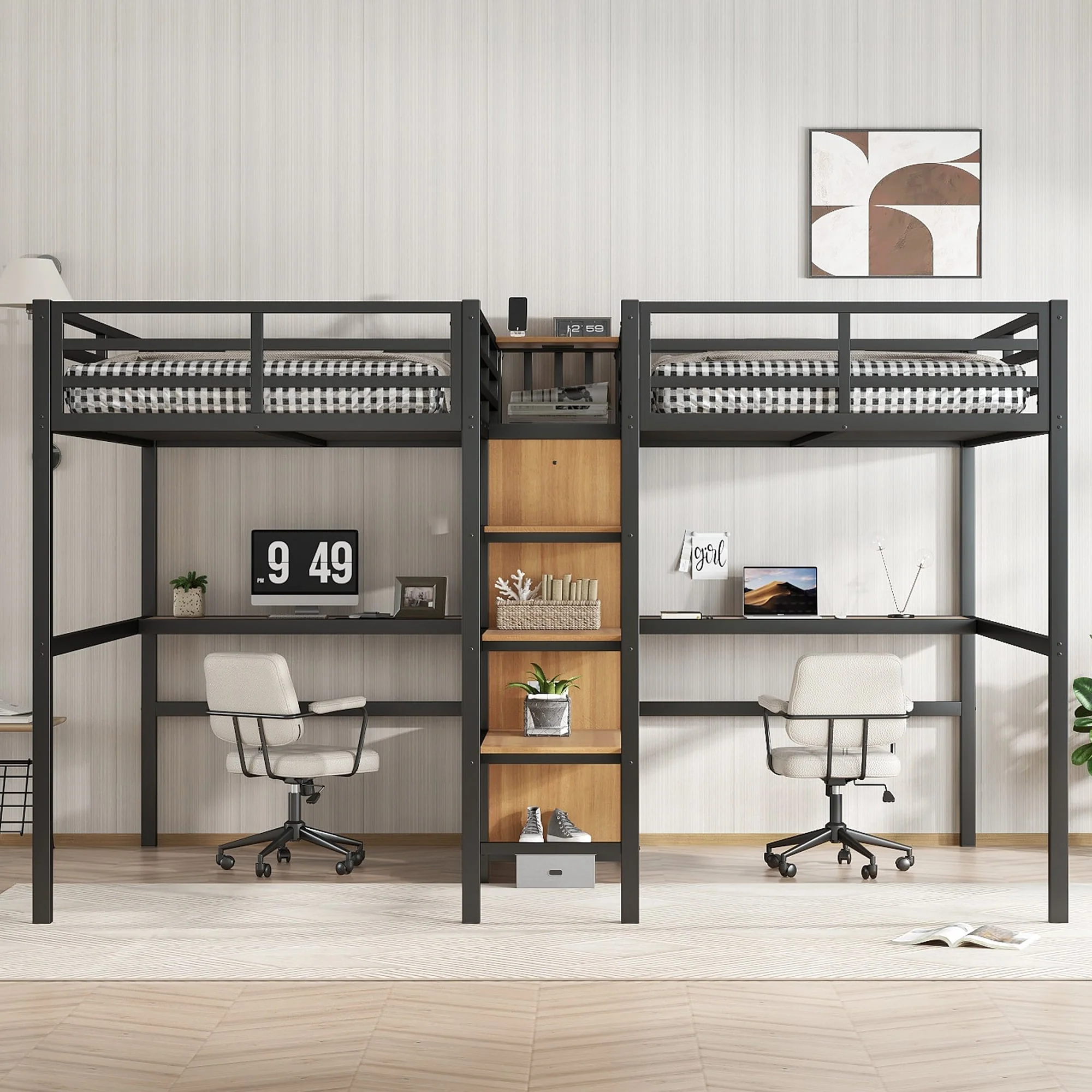 Twin Over Twin Metal Loft Bed with Double Desk and Wardrobe and Shelves with Electrical Outlet for Space Saving