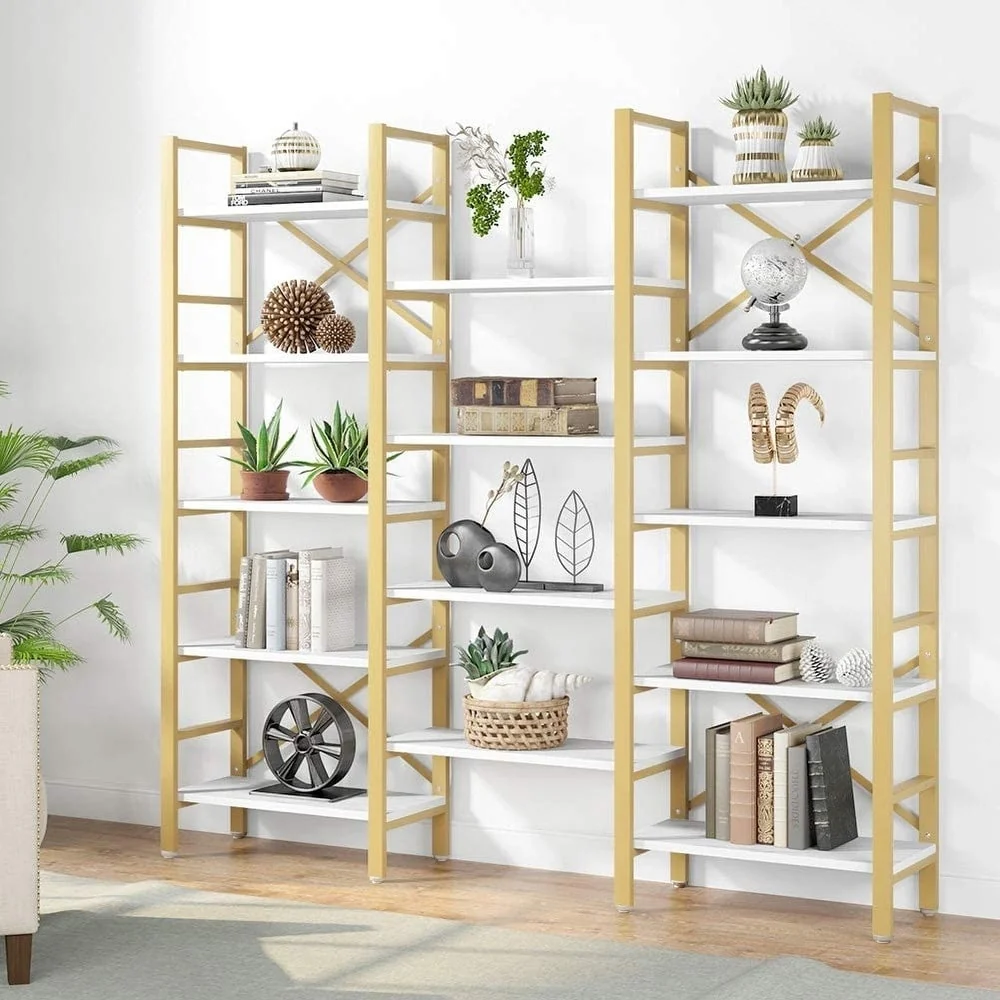 Open Triple Wide 5-Shelf Bookcase, Industrial Etagere Bookshelf for Home & Office