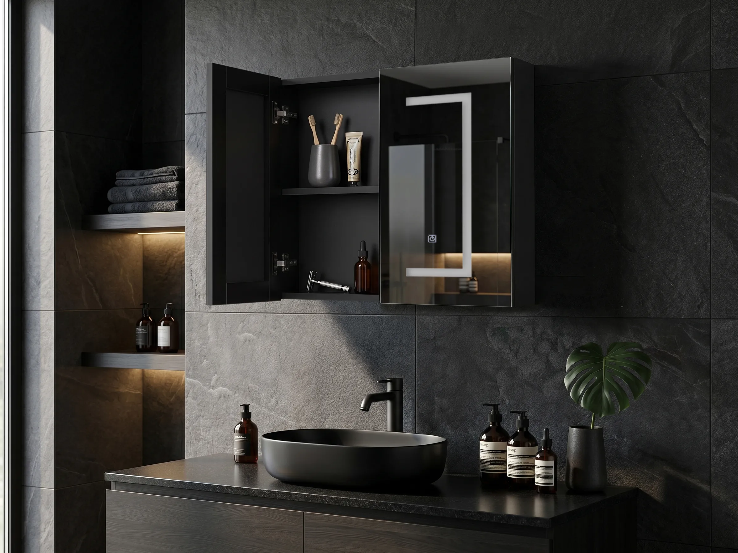 Bathroom Wall Mounted Mirror Cabinet LED MAZARREDO 60 cm 60 cm Black