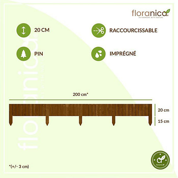 Floranica Bordure de jardin en bois flexible 20 x 200 cm Brune avec piquets, idéale pour délimiter pelouse et massifs de fleurs