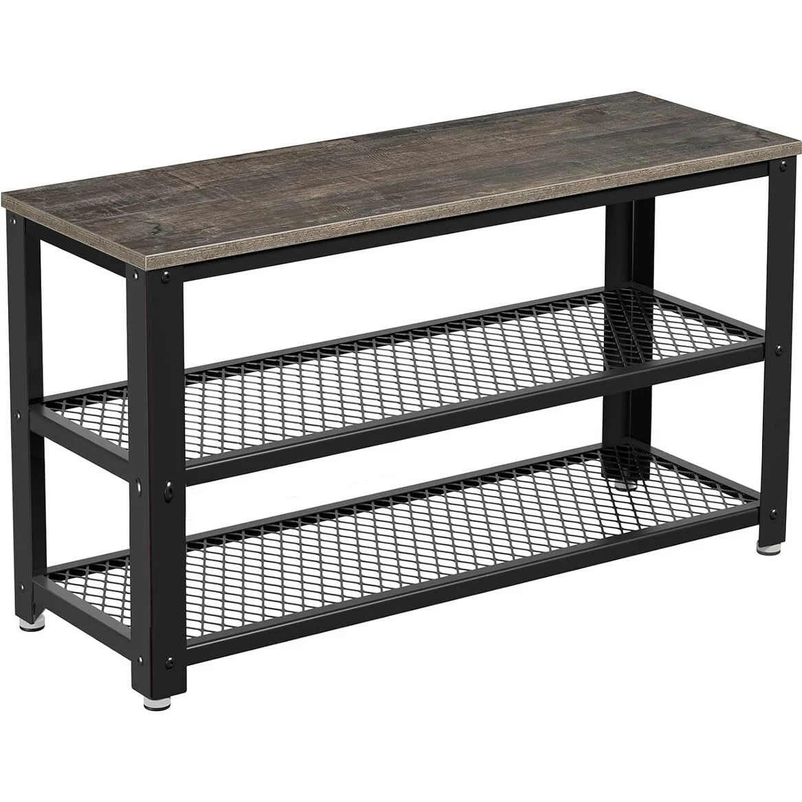 Shoe Bench, 3-Tier Shoe Rack, with Mesh Shelves Wood Seat