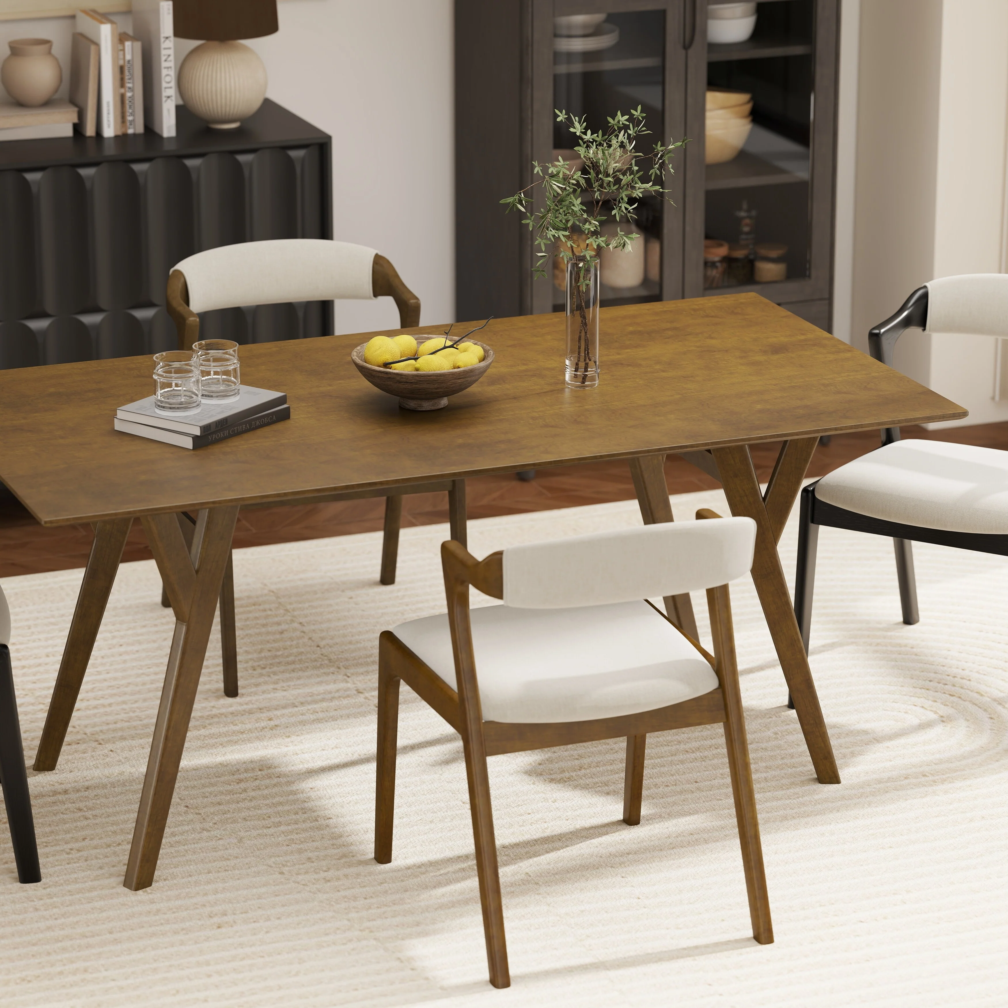 Roundhill Furniture Lavin Modern 5-Piece Dining Set, Dining Table with 2 Walnut and 2 Black Chairs