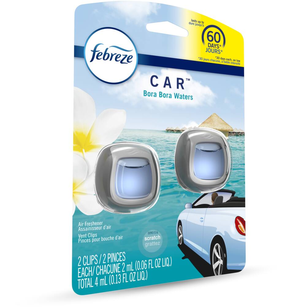 Febreze Car Air Freshener Vent Clip Bora Bora Scent, 2 mL, 2 Count