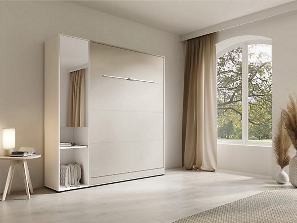 Lit escamotable vertical 140 x 200 cm - 1 colonne de rangement - Avec miroir et LEDs - Beige   Matelas - RAPILI