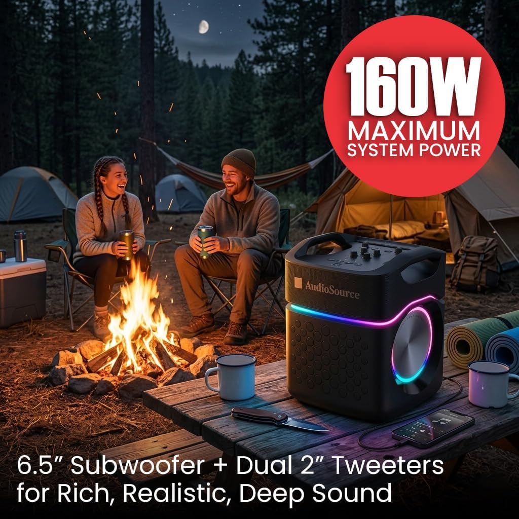 AudioSource Party Speaker w/Built-in Subwoofer, Passive Radiators, 160W, IPX5 Waterproof, RGB Light, Portable Outdoor Bluetooth Karaoke Speaker, Dual Mic Inputs, Ultra Bass Boost, Party Link Pairing