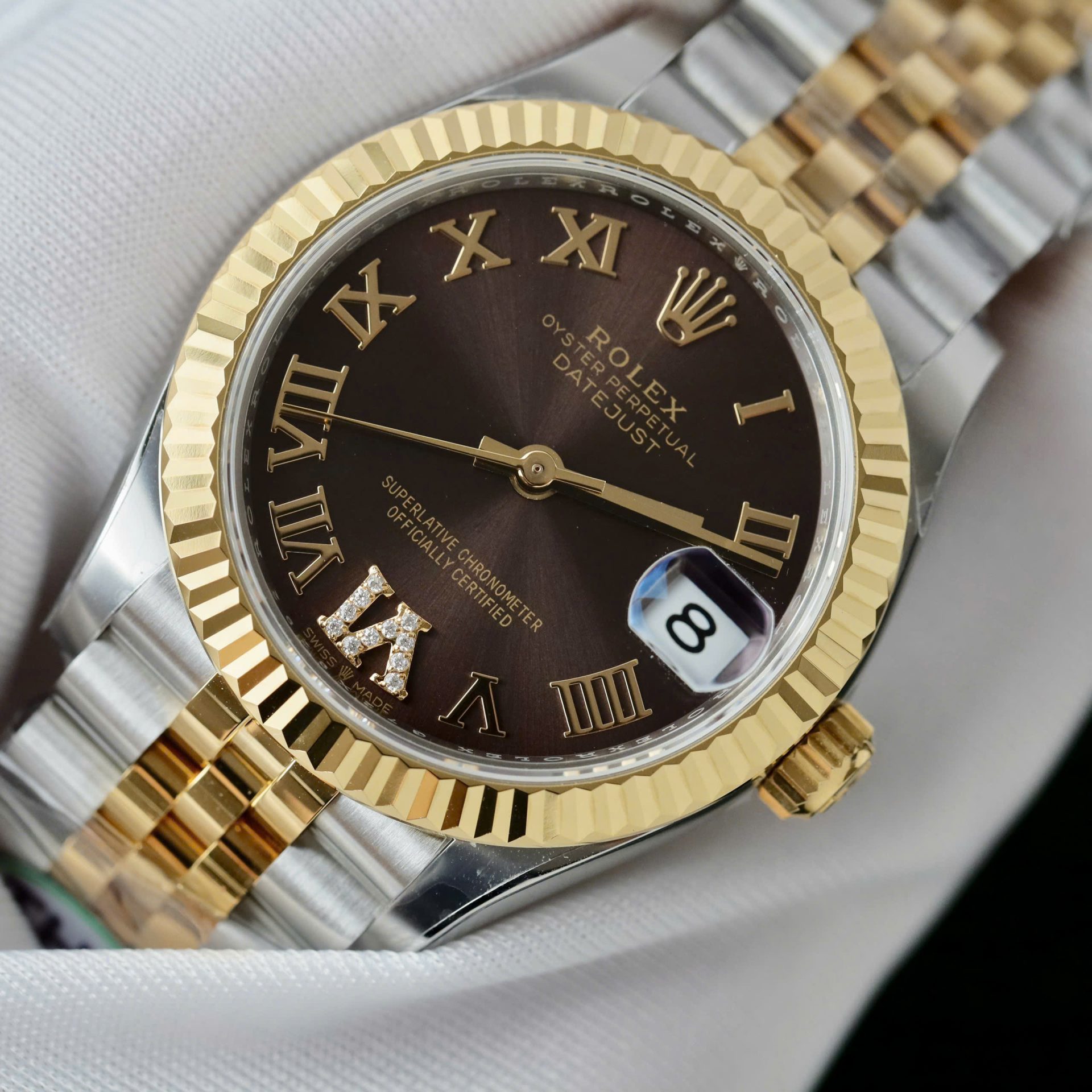 Rolex Datejust SS/YG Plated Chocolate Dial CZ Diamonds 31mm Jub THBF Replica