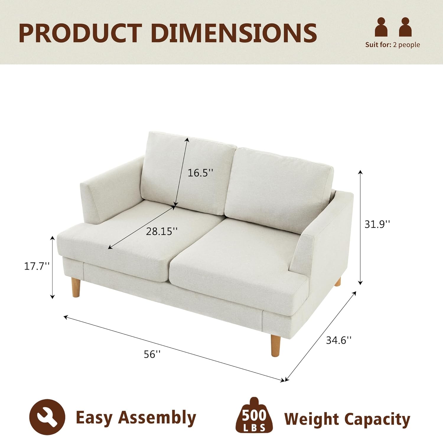 Loveseat Sofa 56, Couches for Spaces, Mid Century Love Seat Couches for Living Room, Upholstered 2-Seater Couch for Bedroom, Waiting Room, Beige