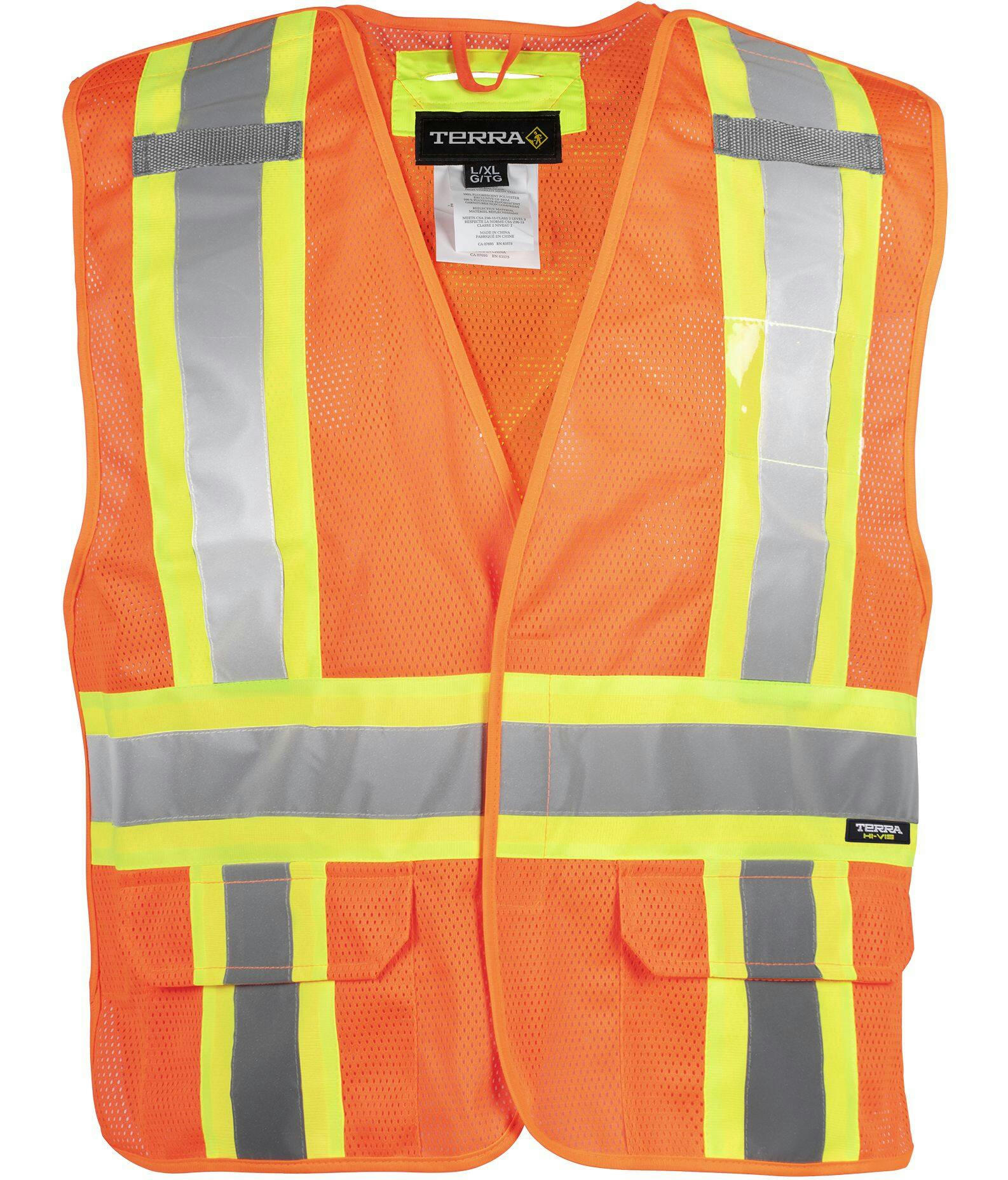 Terra Hi-Vis 5-Point Tear Away Work Vest with Reflective Tape, Front Flap Pockets, Orange