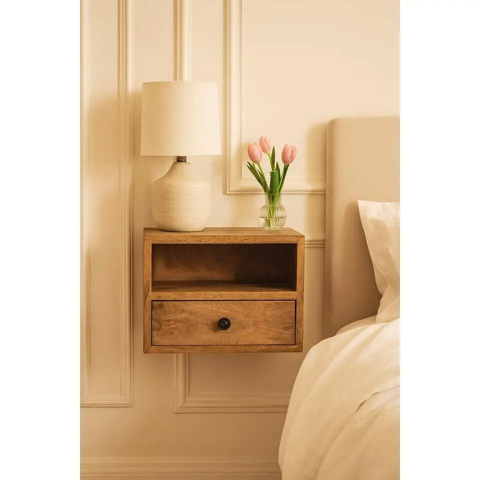 Massief Houten Solis Wand Nachtkastje, 1 Lade en Open Vlak, Beige