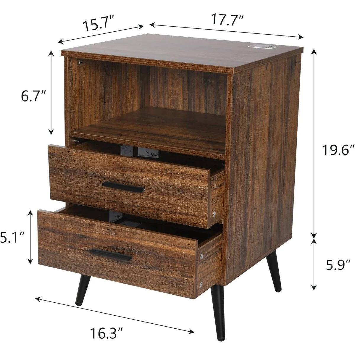 Nightstand with Charging Station and USB Ports,Bedside 16D x 18W x 26H