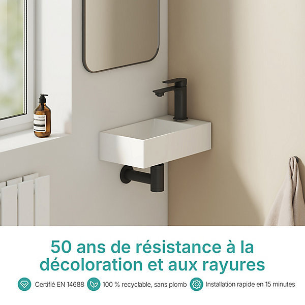 EMKE Lavabo Mural en Céramique 38x22x10cm, Blanc Brillant, Vasque Murale Carrée avec Trou pour Robinet