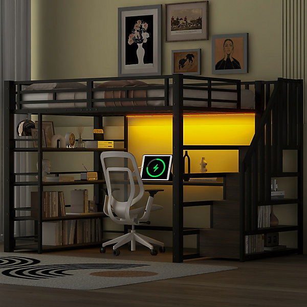 Lit Mezzanine Double 140x200 cm - éclairage LED et Escaliers Sécurisés, Bureau Intégré et Rangements, sans Matelas - Métal Noir