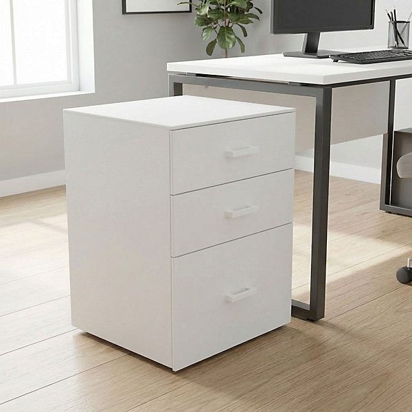 Lyra - Commode pour imprimante 3 tiroirs, meuble de bureau sur roulettes en MDF blanc