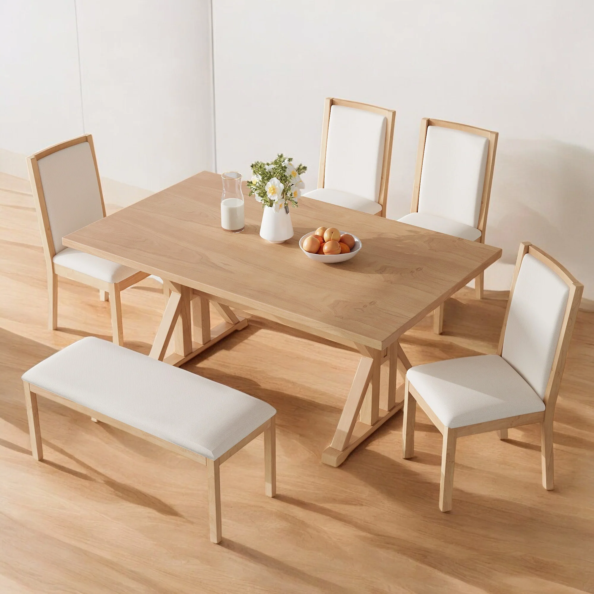 6-Piece Dining Set with Trestle Legs - 59 Extendable Table, 4 Upholstered Chairs & Bench for Dining Room, Solid Wood Frame