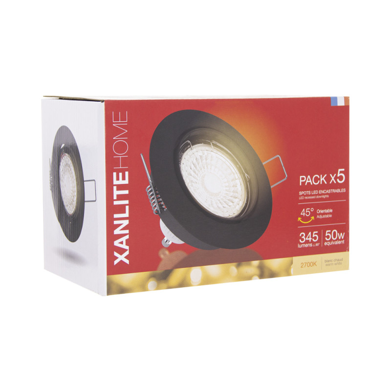 Spot encastrable LED noir GU10 blanc chaud IP20 345 lm 5 W 5 pièces XANLITE