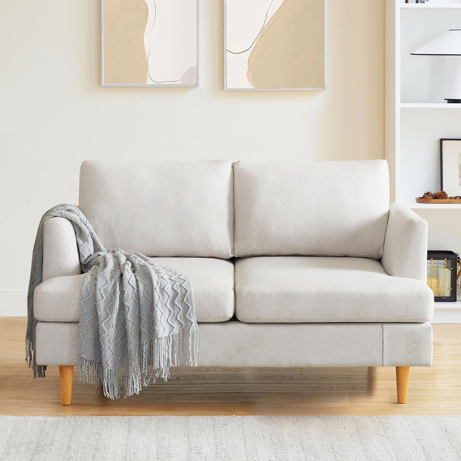 Loveseat Sofa 56, Couches for Spaces, Mid Century Love Seat Couches for Living Room, Upholstered 2-Seater Couch for Bedroom, Waiting Room, Beige