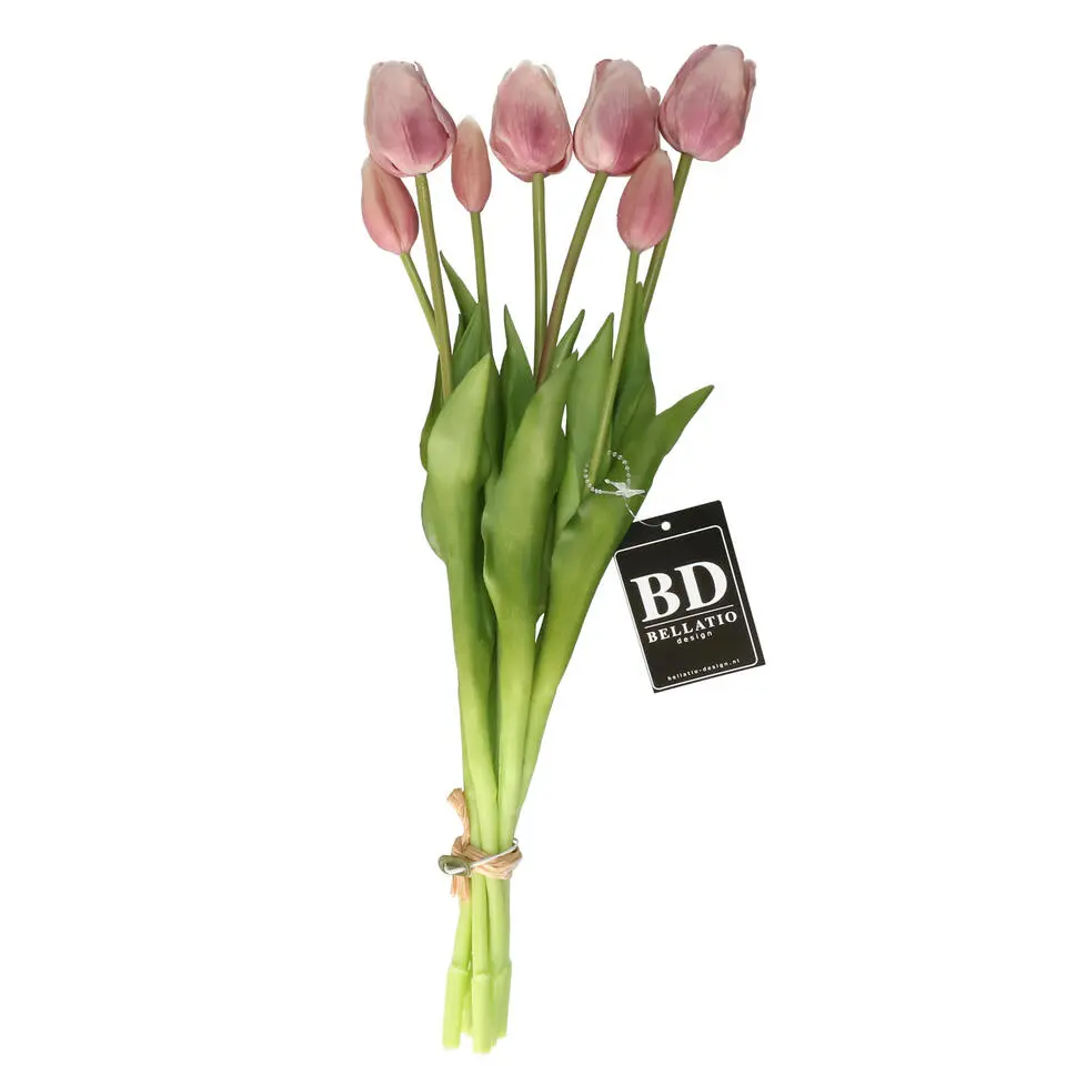 BD Kunst tulp boeket Sally - 7x - zacht lila - real touch - 47 cm