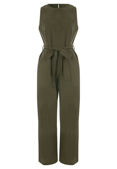 Womens Khaki Green Tie Waist Cotton Jumpsuit