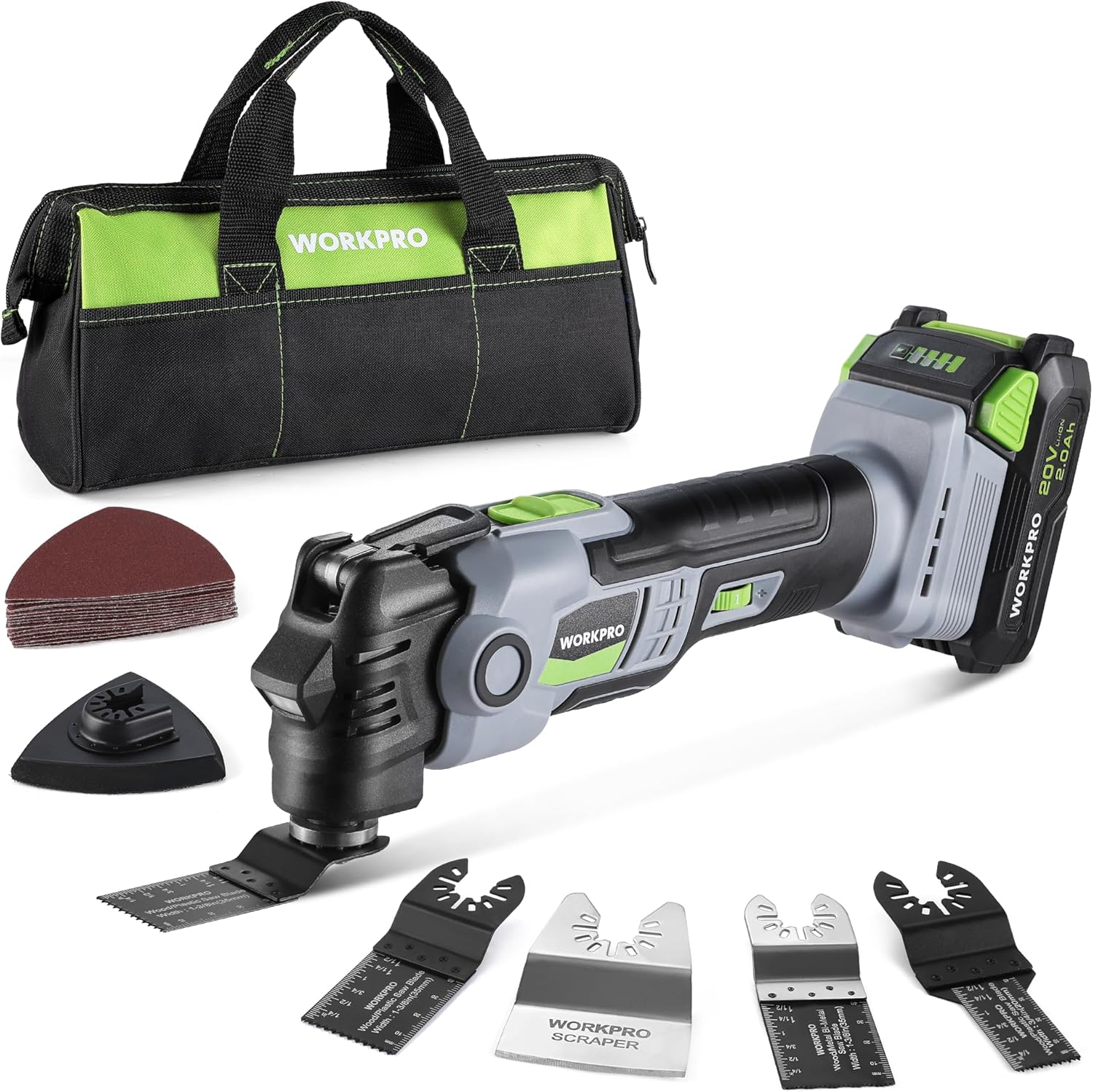 WORKPRO 20V Oscillating Tool Kit, Cordless and Brushless 19,000 RPM Orbiting Multi Tool with 6 Variable Speeds, 3.6°Oscillation Angle, 21pcs Saw Accessories, 1 Rechargeable Battery and Carrying Bag