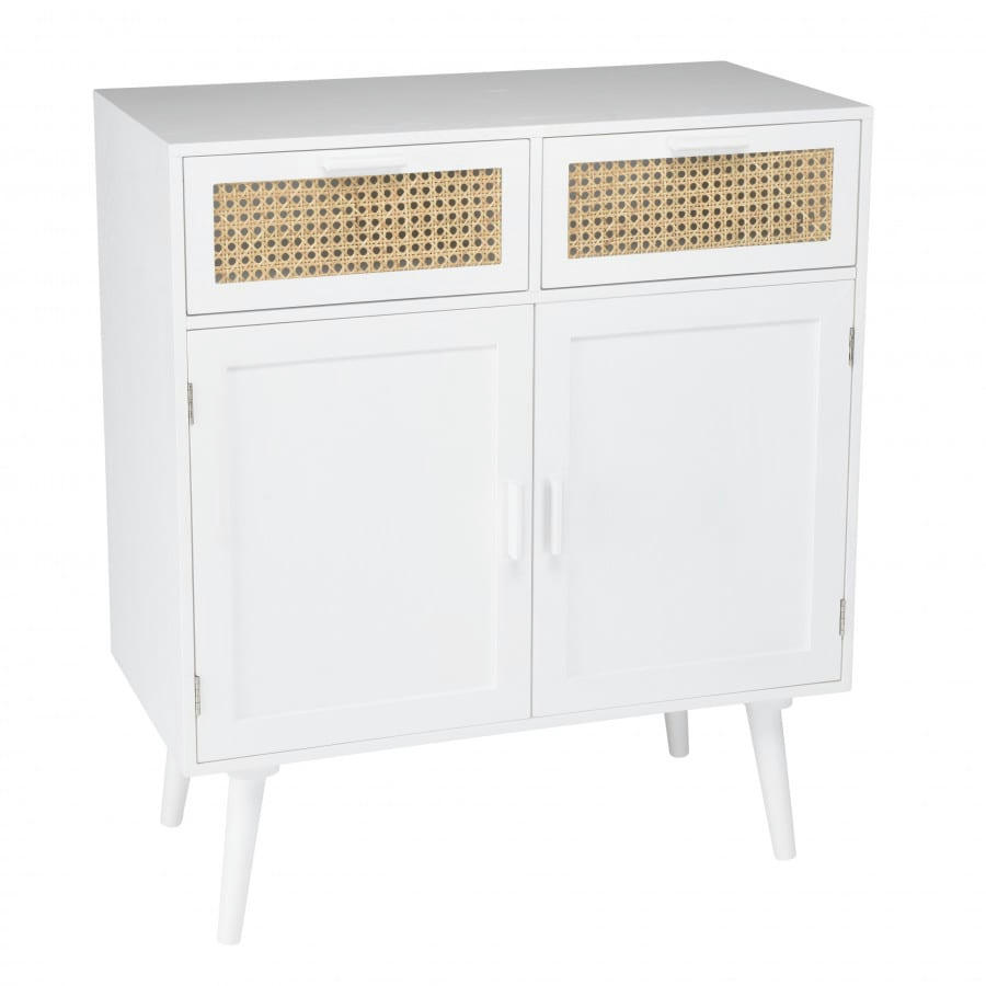 SANDRO - Buffet blanc 2 portes 2 tiroirs cannage naturel