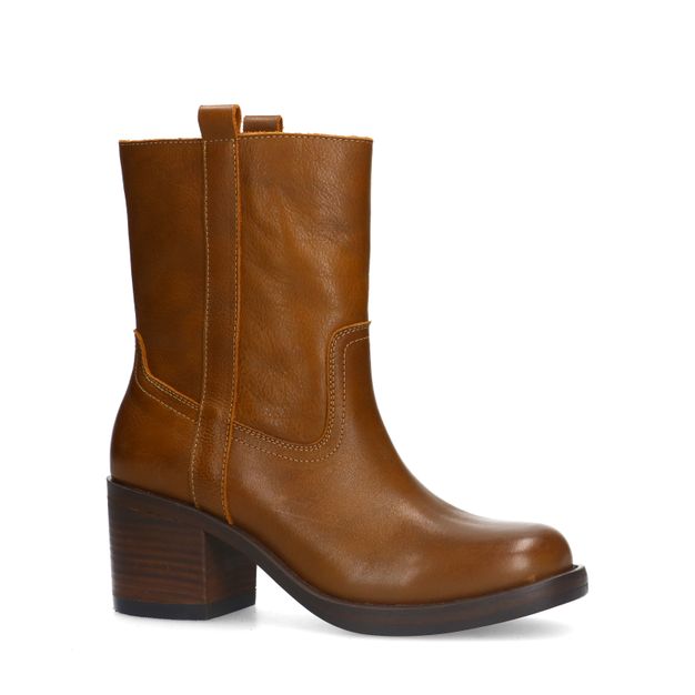 Cognac leren enkellaarsjes met hak