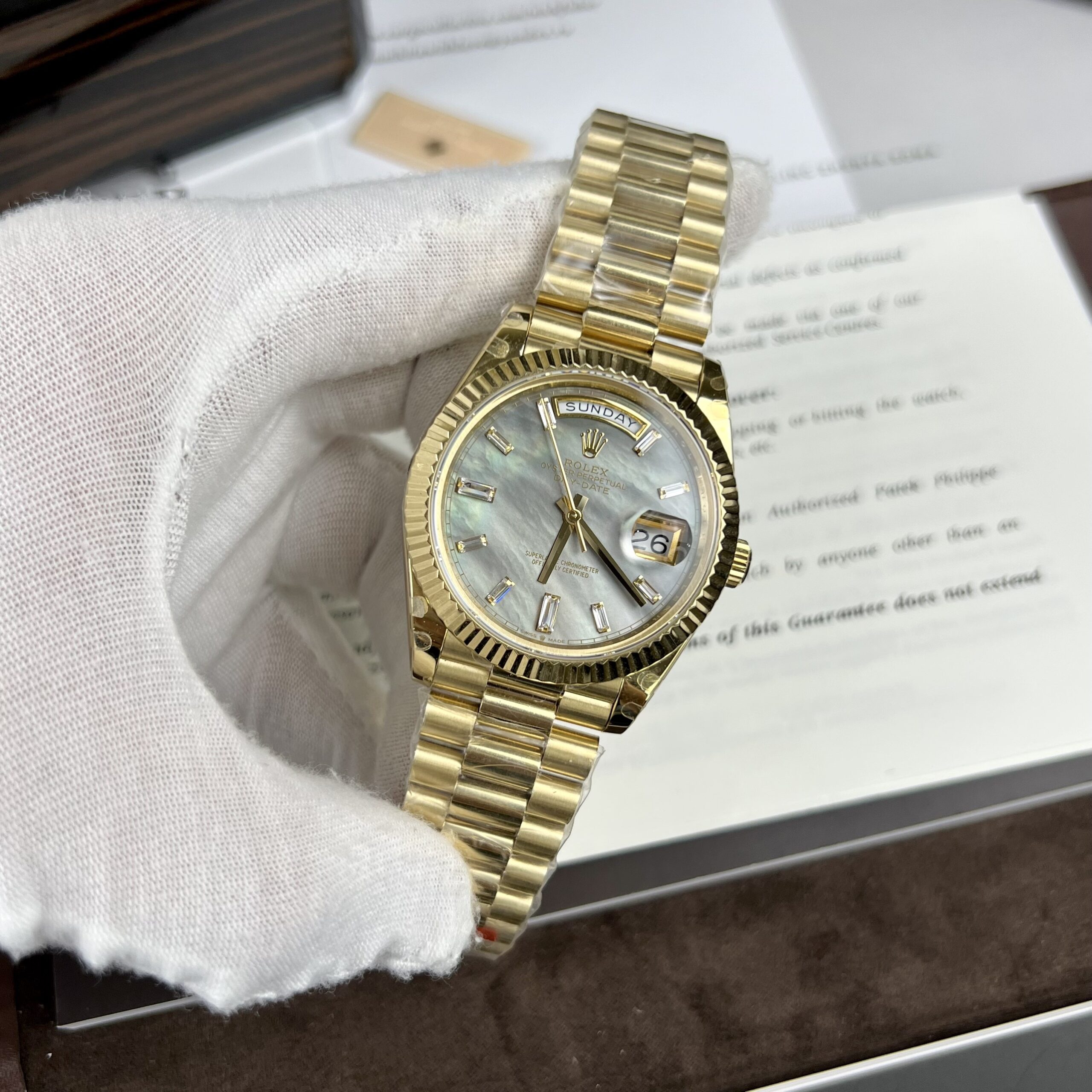 Rolex Day-Date YG Plated MOP Dial CZ Diamonds 40mm TWF Replica
