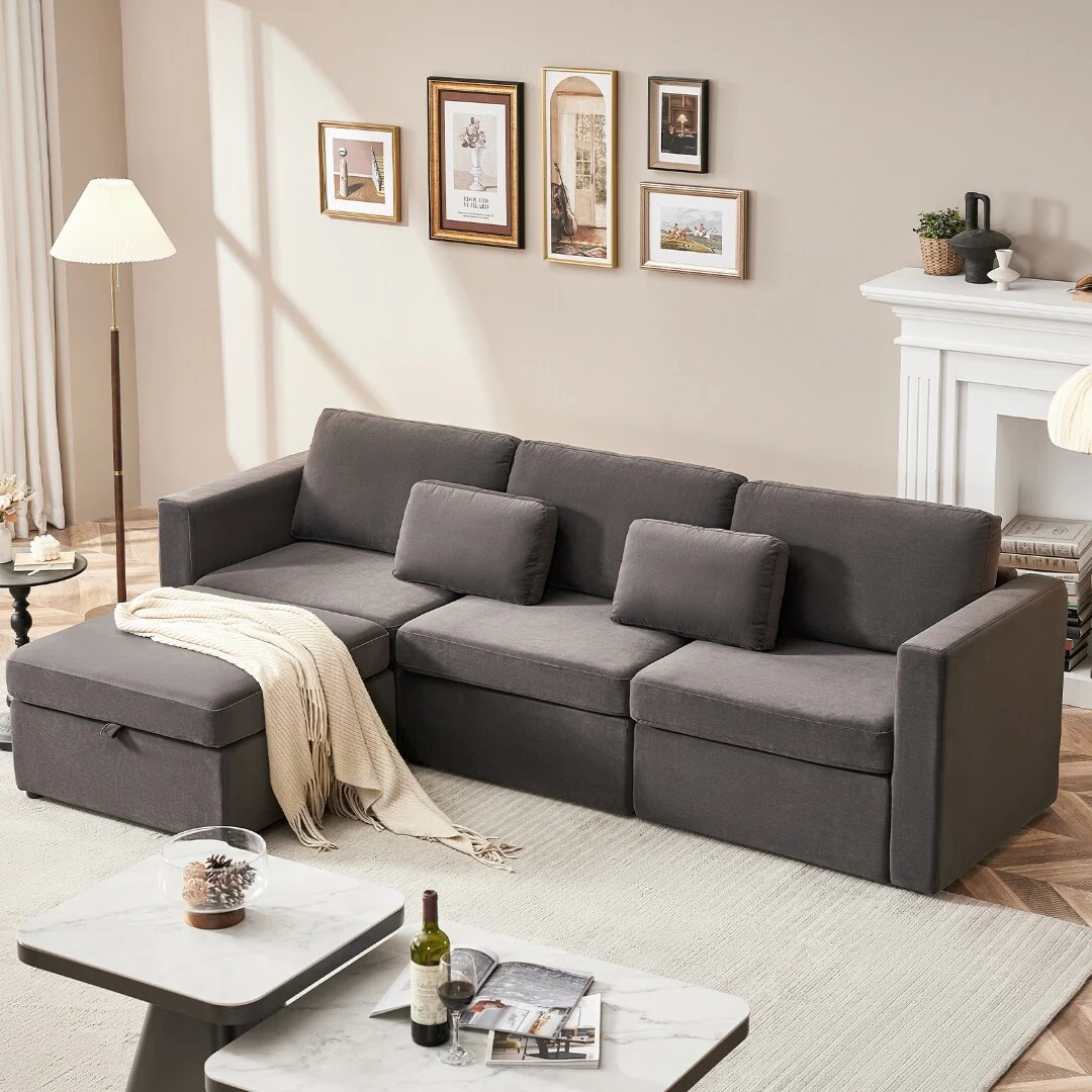 100.4'' Luxurious 3-Seat Modular Velvet Sectional Sofa Set with Pillows, Convertible Design for Living Room or Loft