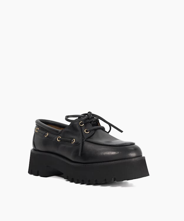 Griffyn Black - Leather Lace Up Chunky Boat Shoes