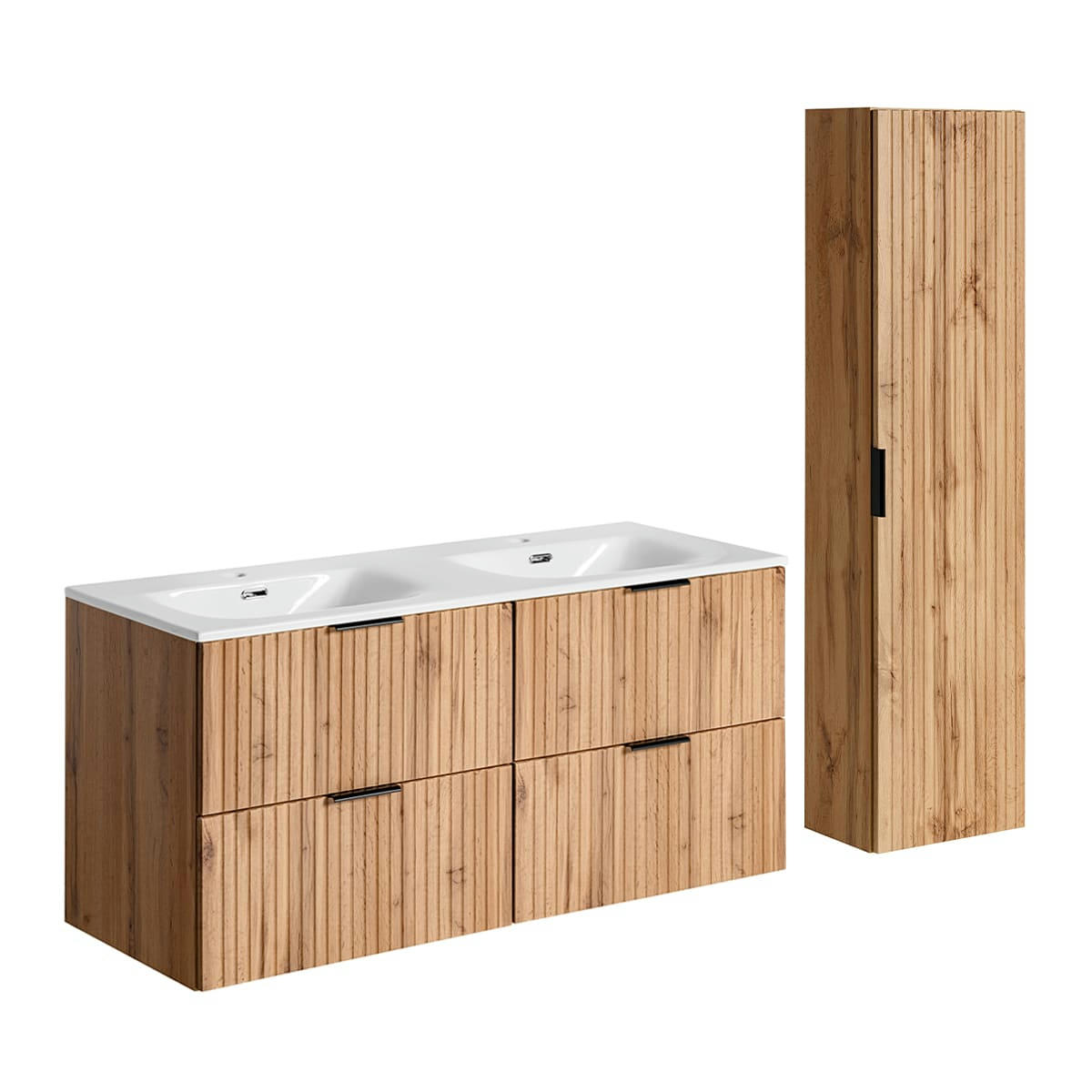- Ensemble meuble double vasque encastrée 120cm et colonne naturel