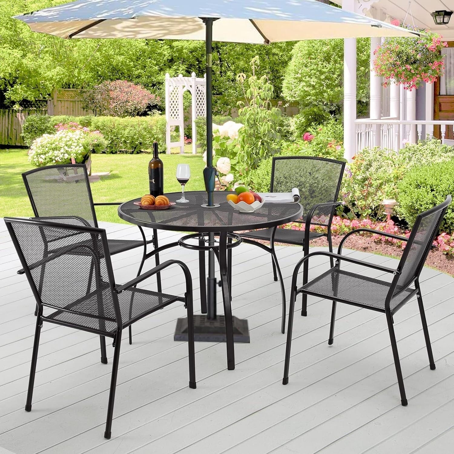 AECOJOY Metal Outdoor Patio Chairs Set of 4, Stackable Outside Dining Chairs with Armrests Metal Mesh for All Weather
