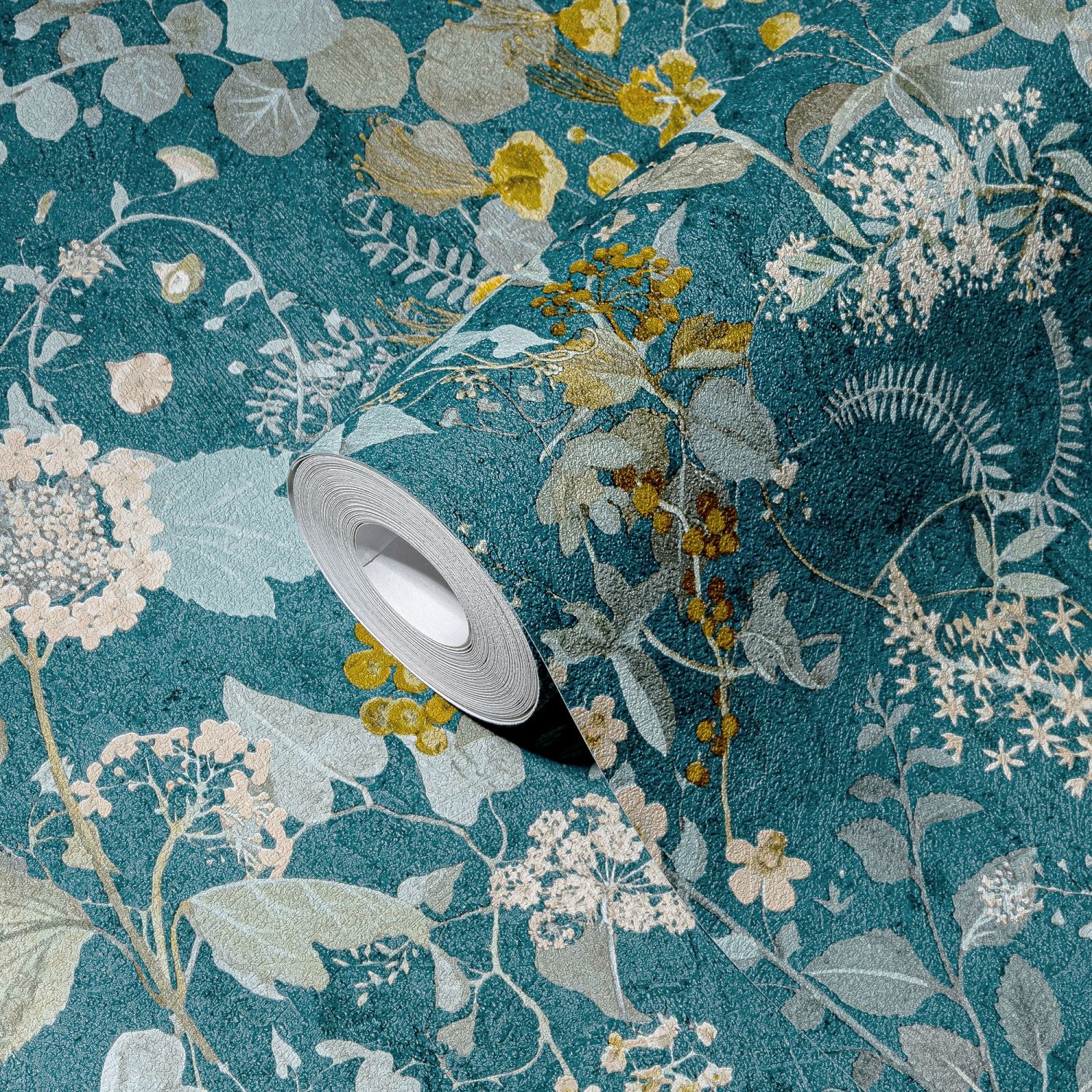 A.S. Création behang bloemen petrolblauw, blauw, geel en groen - 53 cm x 10.05 m - AS-388253