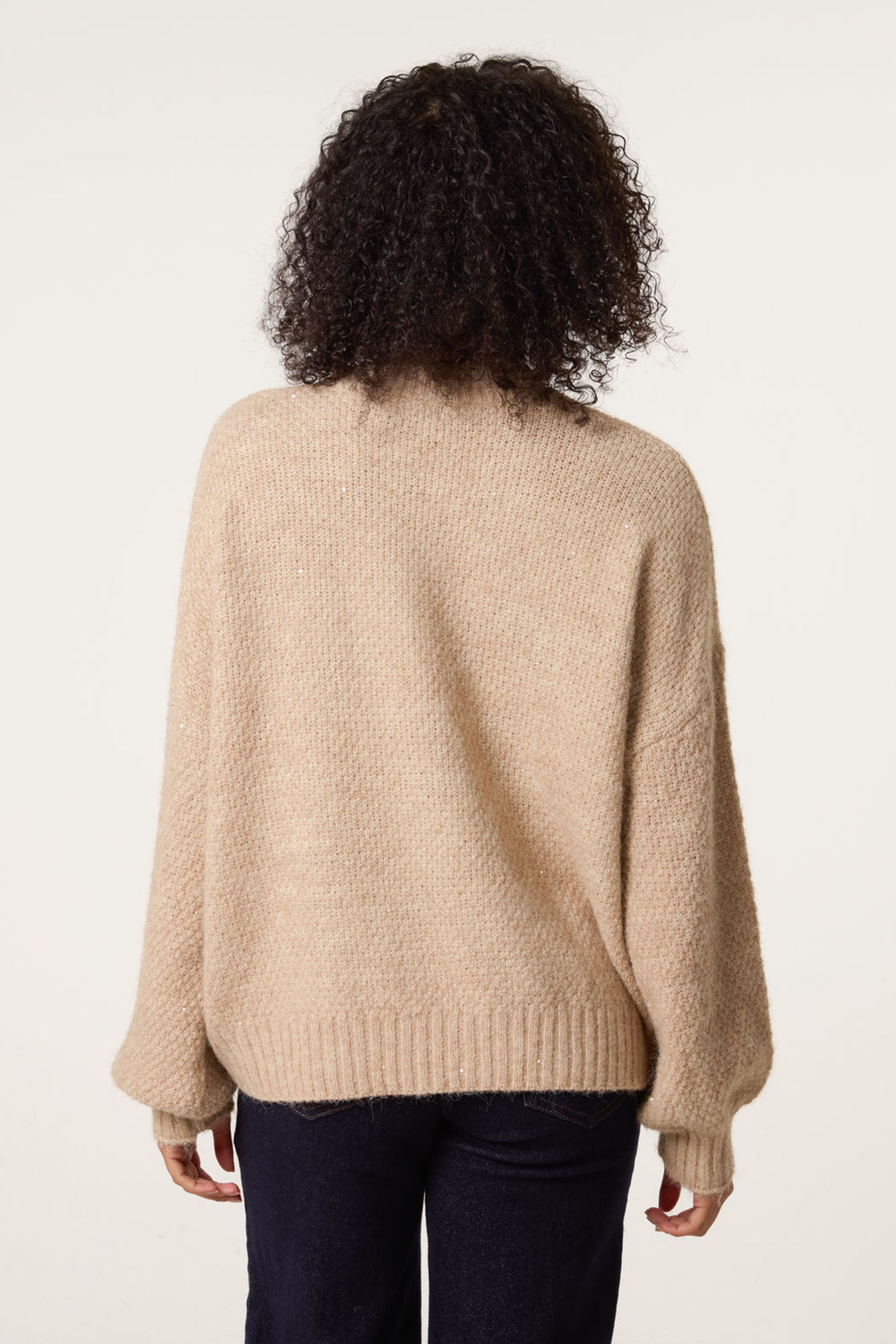 Blue Vanilla Beige Round Neck Sequin Detailed Jumper